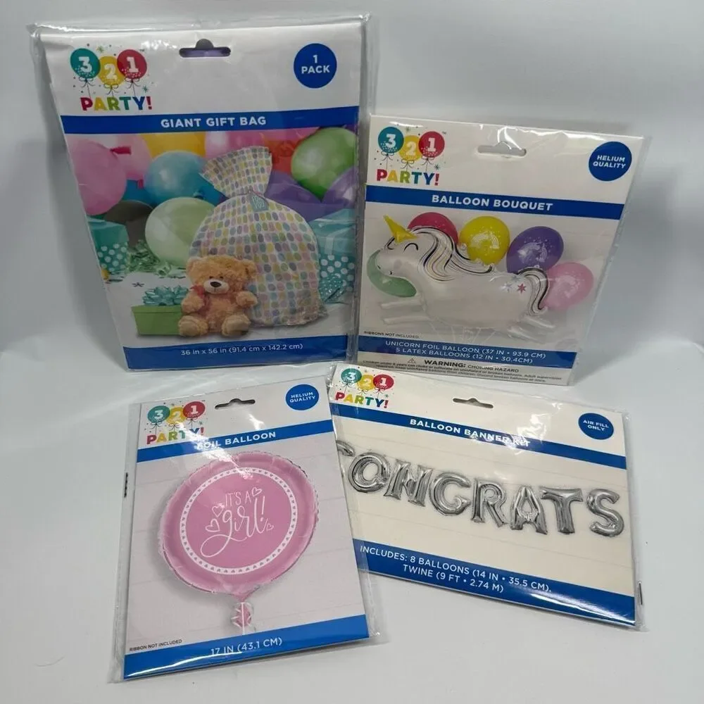 D37. Party Decorations- 4 piece It’s a girl baby shower balloons and large gift